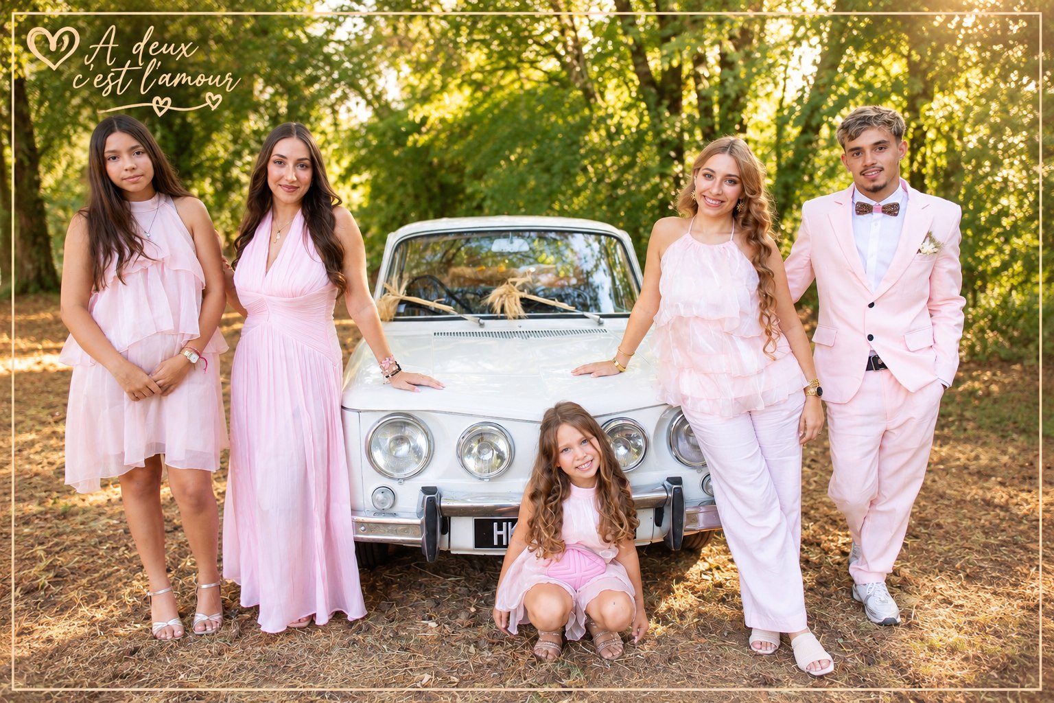 Invités vêtus de rose devant une voiture ancienne