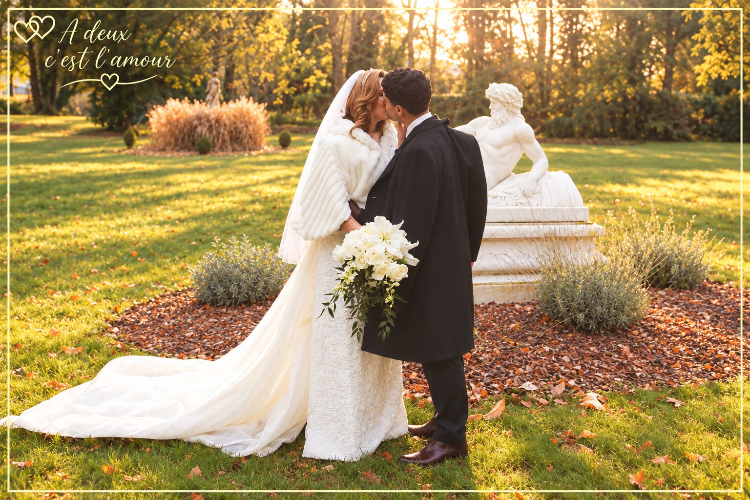 Couple de mariés dans un jardin